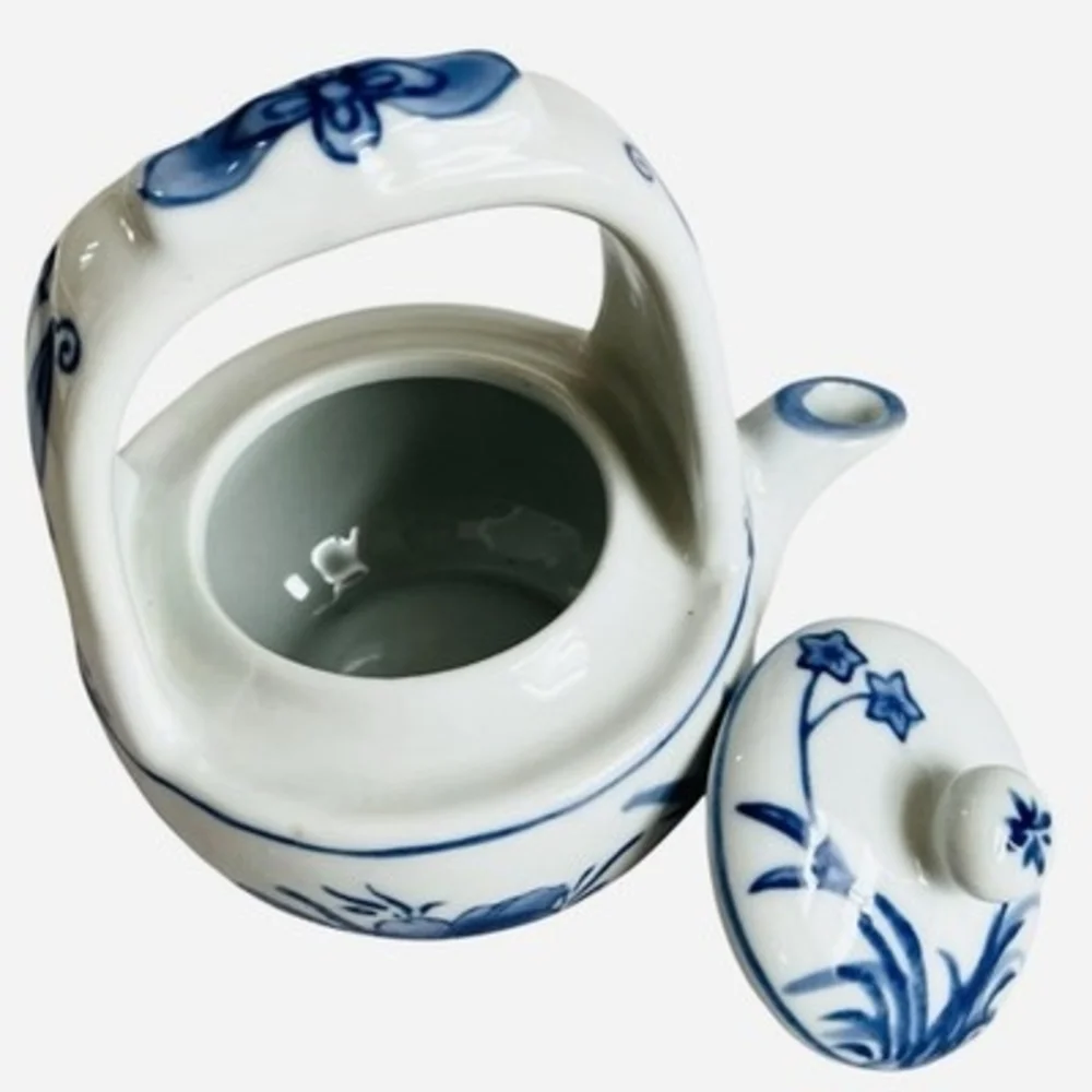 Chinoiserie Style Small Ceramic Teapot - Blue and White Hand Painted Floral